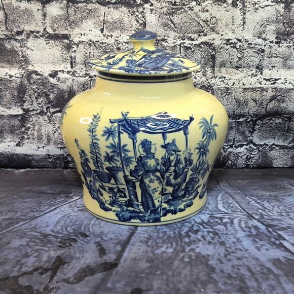 Vintage Blue & Yellow Chinese Ceramic Asian-Style Vase with Lid - Picture 1 of 5
